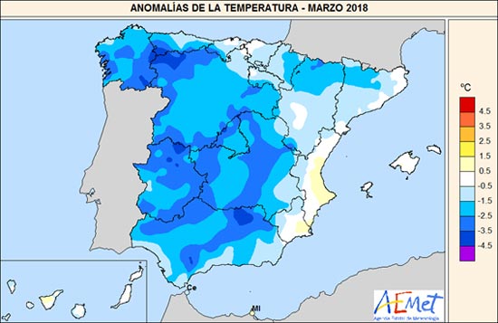 Anomalías de la temperatura marzo 2018