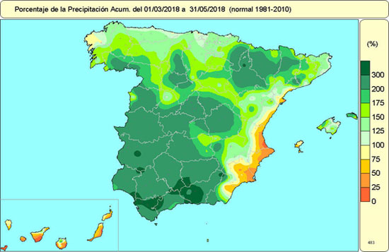 Porcentaje de la precipitacion acumulada del 01/03/2018 a 31/05/2018 (normal 1981-2010)