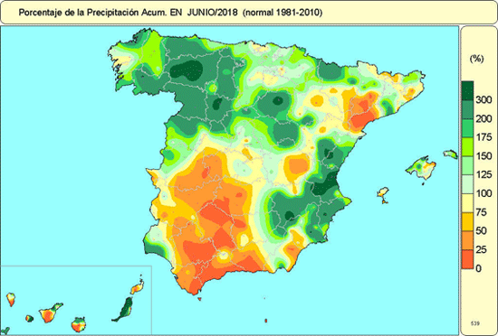 Porcentaje de la precipitación acumulada en junio 2018 (normal 1981-2010)