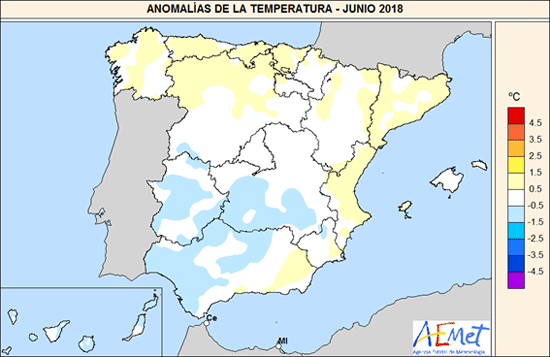 Anomalías de temperatura en junio 2018