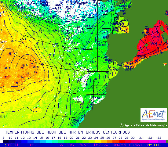 Temperatura del agua del mar medida el 8 de agosto de 2018
