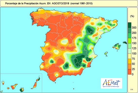 Porcentaje de la precipitación respecto a la media en agosto 2018