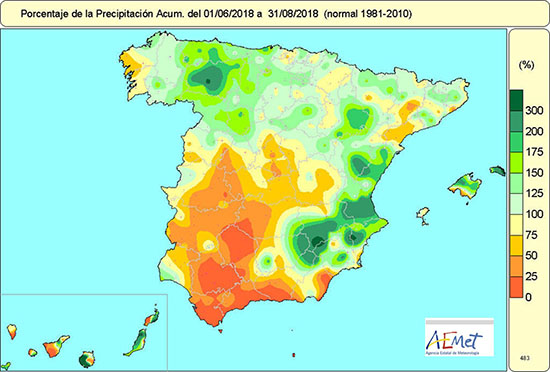 Porcentaje de la precipitación acumulada con respecto a la media en el trimestre junio-julio-agosto