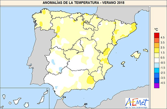 Anomalías de la temperatura - verano 2018