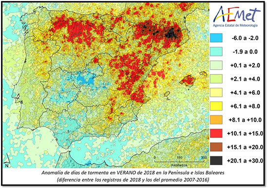 Anomalía del número de días de tormenta del trimestre junio-julio-agosto 2018