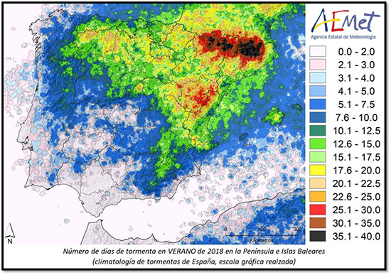 Días de tormenta registrados en el trimestre junio-julio-agosto de 2018