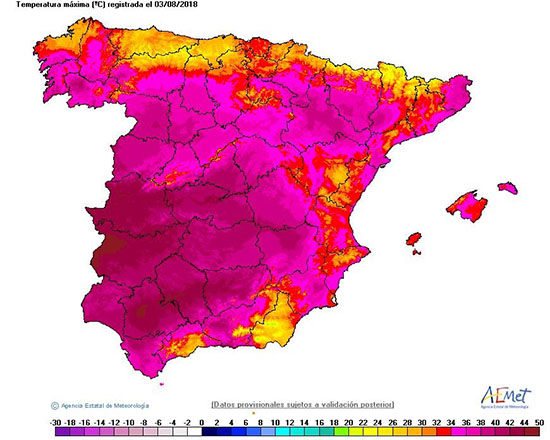 Temperaturas máximas registradas en Península y Baleares el 3 de agosto de 2018