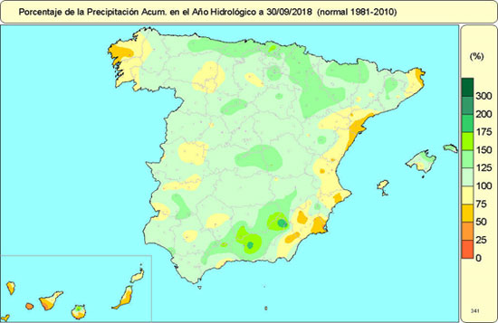 Porcentaje de la Precipitación Acumulada en el Año Hidrológico a 30/09/2018 (normal 1981-2010)