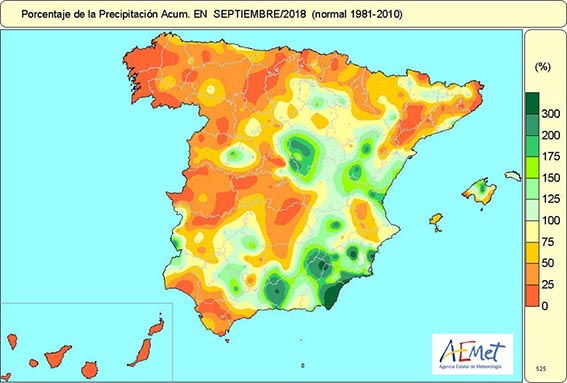 Porcentaje de la precipitación respecto a la media en septiembre 2018