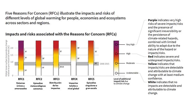 Impactos y riesgos asociados a las 'razones de preocupación' del IPCC (Fuente: Informe especial del IPCC)