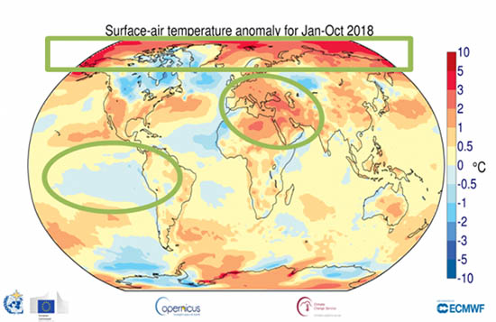Anomalía de la temperatura en el período enero-octubre 2018
