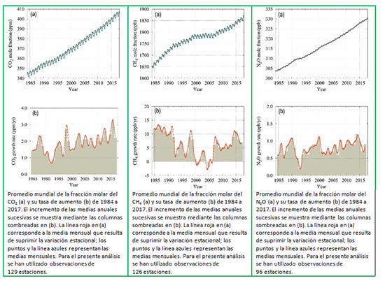 Concentración y tasa de aumento de gases de efecto invernadero a escala mundial