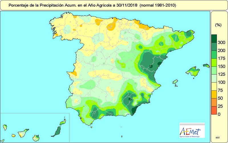 Porcentaje de la precipitación acumulada en España durante el otoño