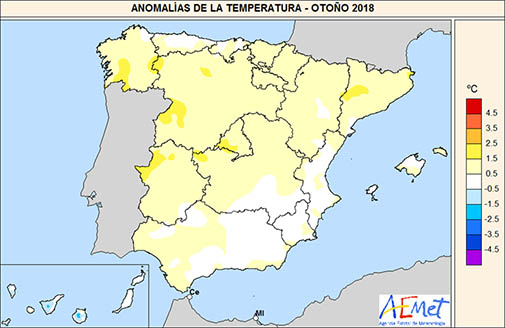 Anomalías de temperatura en España (otoño 2018)