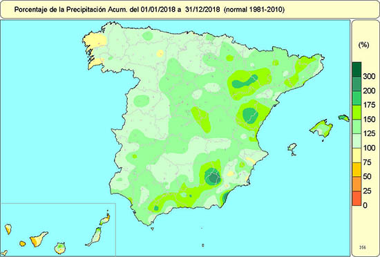 Porcentaje de la precipitación acumulada en el año 2018 sobre el valor normal.