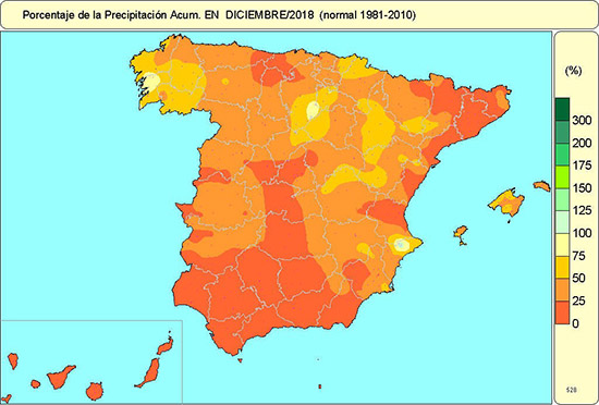 Porcentaje de precipitación acumulada en diciembre de 2018 (normal 1981-2010)