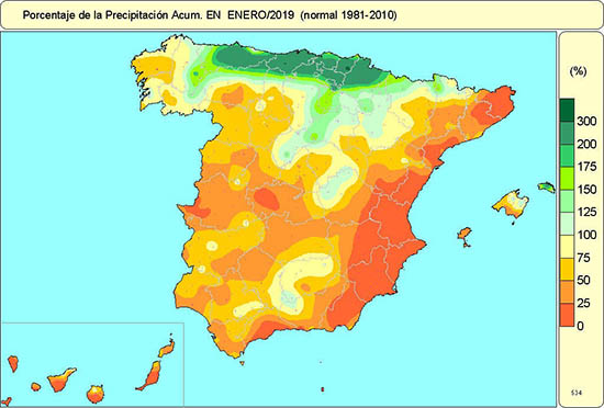 Porcentaje de precipitación respecto a la media (enero de 2019)