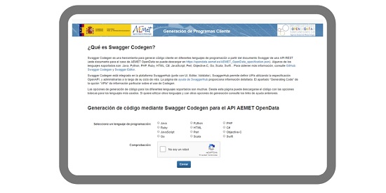 Vista del sistema Codegen disponible dentro de Aemet OpenData