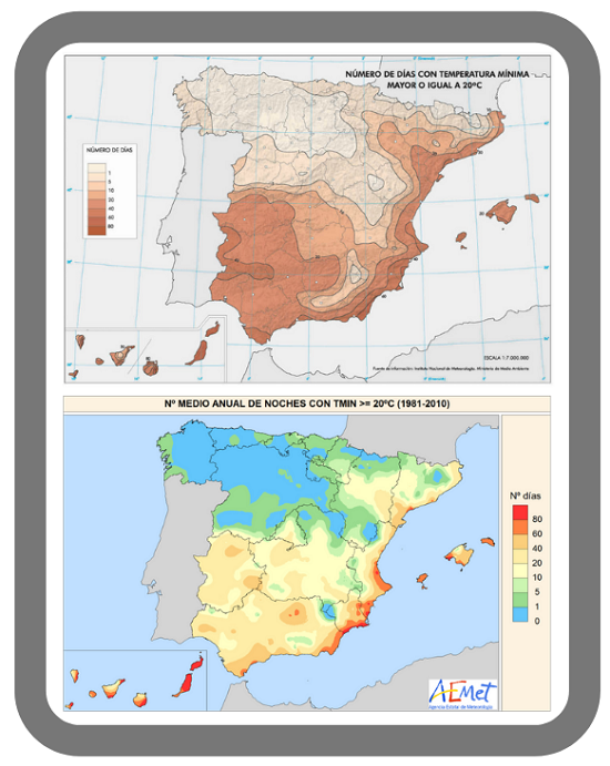 Figura 13 - Número de días con temperatura mínima mayor o igual a 20ºC para dos periodos de referencia, 1971-2000 (imagen superior) y 1981-2010 (imagen inferior)