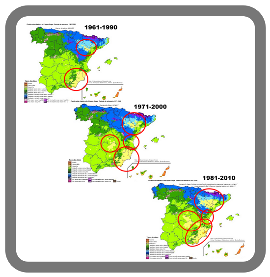 Figura 3 - Evolución de la clasificación climática de Köppen elaborada con tres periodos de referencia distintos: 1961-1990, 1971-2000 y 1981-2010.