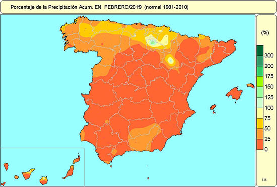 Porcentaje de la Precipitación Acumulada en Febrero 2019 (normal 1981-2010)