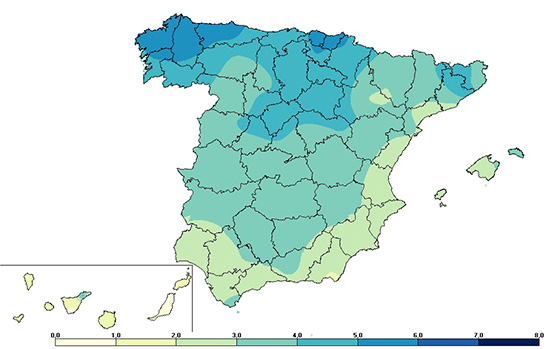 Número medio de días de lluvia en la semana del 14 al 22 de abril (período 1981-2018)