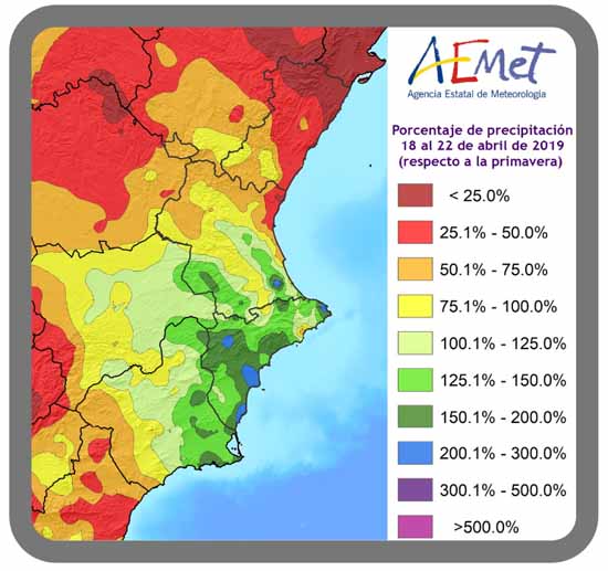 Figura 4, porcentaje de precipitación acumulada del 18 al 22 de abril de 2019 respecto de un trimestre primaveral habitual