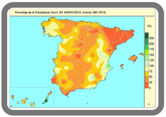 Porcentaje de precipitación acumulada en marzo de 2019 en relación al periodo normal (1981-2010)