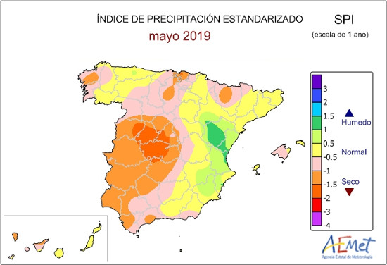 Índice de Precipitación Estandarizado para los últimos 12 meses. Valores iguales o inferiores a -1 indican sequía meteorológica, que en ese período temporal está relacionado con las anomalías que se producen en los niveles de los embalses y de las aguas subterráneas