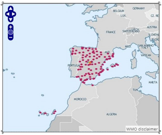 Municipios de España para los que se muestra información en WWIS