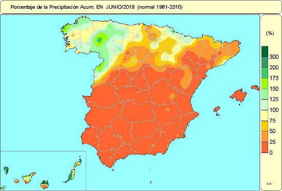 Porcentaje de precipitación acumulada en junio de 2019 en relación al periodo normal (1981-2010)