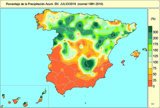 Porcentaje de la precipitación acumulada con respecto a lo normal en julio de 2019