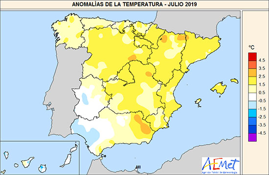 Anomalías de la temperatura en julio de 2019.
