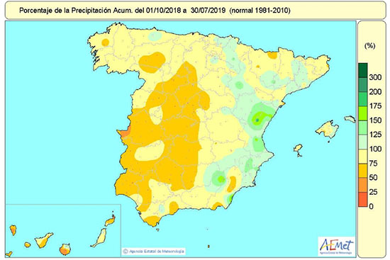 Porcentaje de la precipitación acumulada con respecto a lo normal a lo largo del actual año hidrológico.