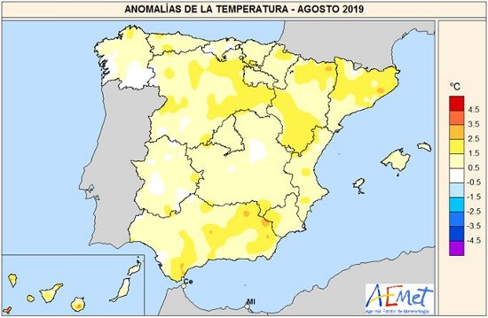 Anomalía de la temperatura en agosto de 2019 respecto al período de referencia 1981-2010