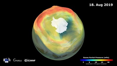 Estado de la capa de ozono el 18 de agosto de 2019, día en el que se alcanzó un mínimo histórico en la concentración de este gas