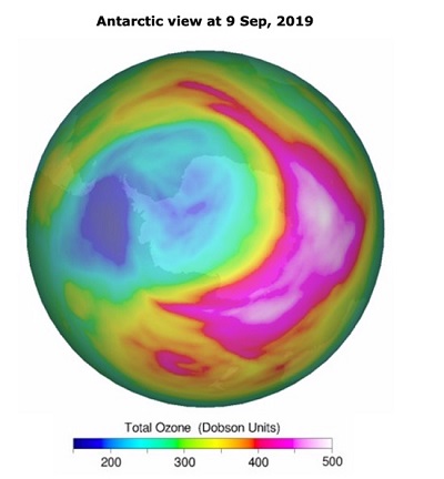 Agujero de ozono el día 9 de septiembre asimilado con datos del satélite GOME2