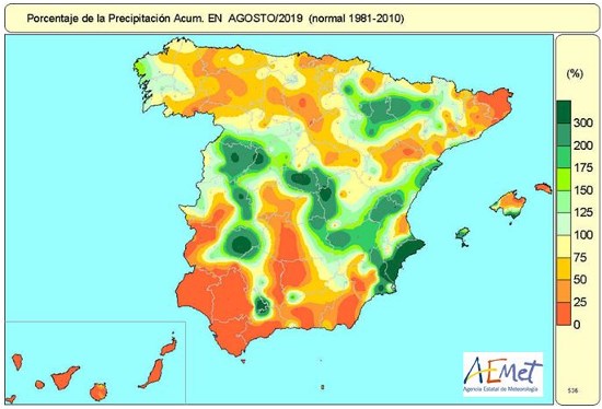 Porcentaje de la precipitación acumulada en España con respecto al período de referencia 1981-2010