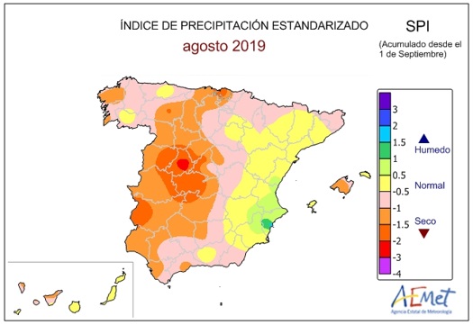 Índice de Precipitación Estandarizado para los últimos 12 meses. Valores iguales o inferiores a -1 indican sequía meteorológica, que en ese período temporal está relacionado con las anomalías que se producen en los niveles de los embalses y de las aguas subterráneas