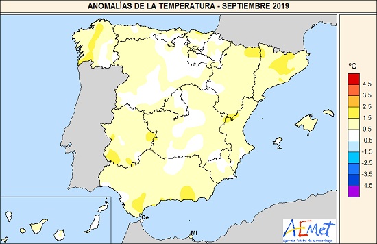 Anomalías de la temperatura del mes de septiembre de 2019 en relación al periodo normal (1981-2010)