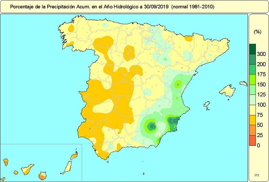 Porcentaje de precipitación acumulada en el año hidrológico 2018-2019 en relación al periodo normal (1981-2010)