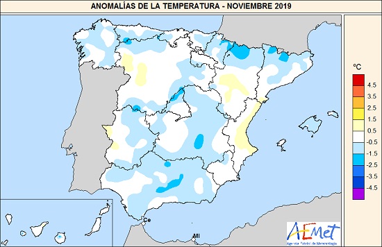 Anomalías de la temperatura del mes de noviembre de 2019 en relación al periodo normal (1981-2010)