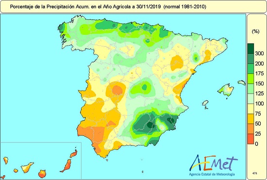 Porcentaje de la precipitación acumulada en España respecto al período de referencia 1981-2010