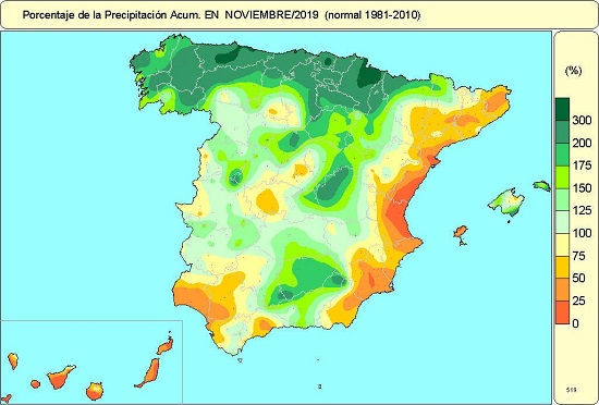 Porcentaje de precipitación acumulada en noviembre de 2019 en relación al periodo normal (1981-2010)