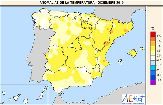 Anomalías de la temperatura del mes de diciembre de 2019 en relación al periodo normal (1981-2010)