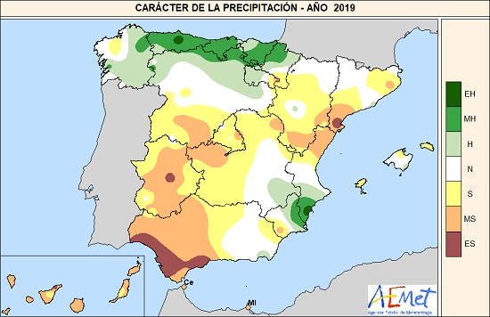 Carácter de la precipitación del año 2019. EH=Extremadamente húmedo, MH=Muy húmedo, H=Húmedo, N=Normal, S=Seco, MS=Muy seco y ES=Extremadamente seco