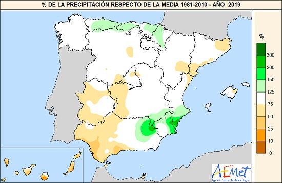 Porcentaje de la precipitación caída en 2019 respecto de la media 1981-2010