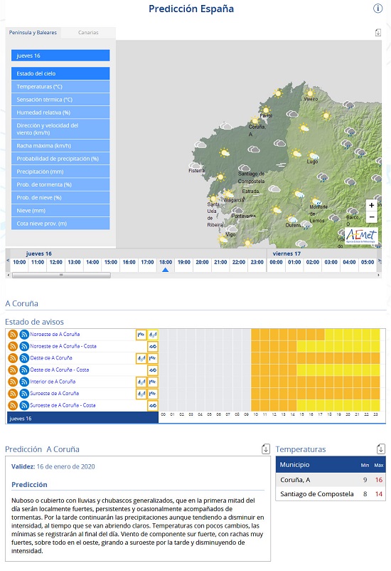 Ejemplo de uso de los nuevos niveles de zoom en la presentación de los mapas de predicción integrados con la información de fenómenos meteorológicos adversos asociada al nivel