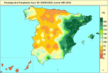 Porcentaje de la precipitación acumulada respecto al valor normal en enero de 2020