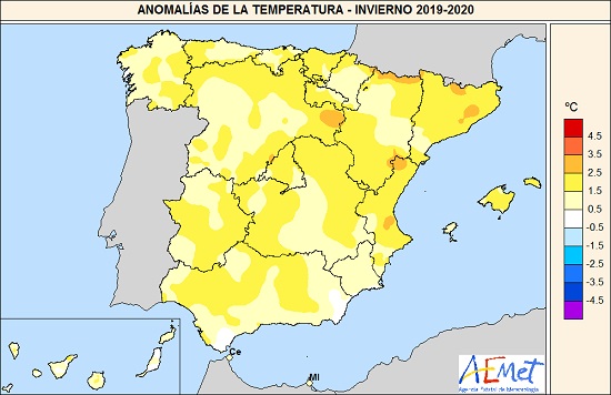 Anomalía de la temperatura en invierno (trimestre diciembre-enero-febrero)